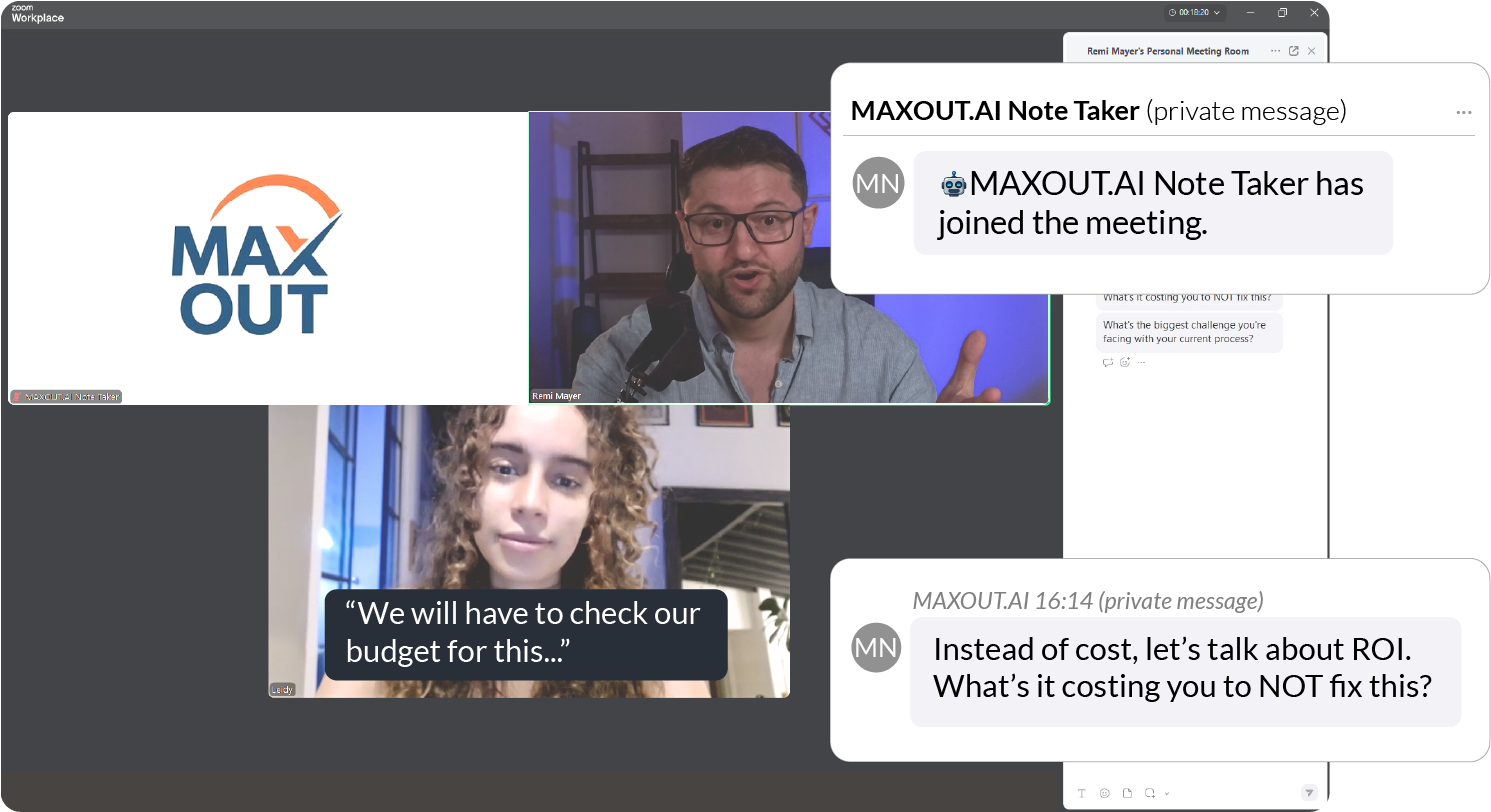 MaxOut.ai Live AI Sales Coach providing real-time coaching during a Zoom call