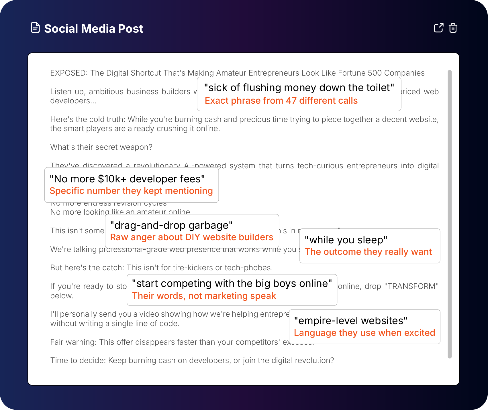 AI Content Generation showing how MaxOut uses real customer words to generate marketing copy