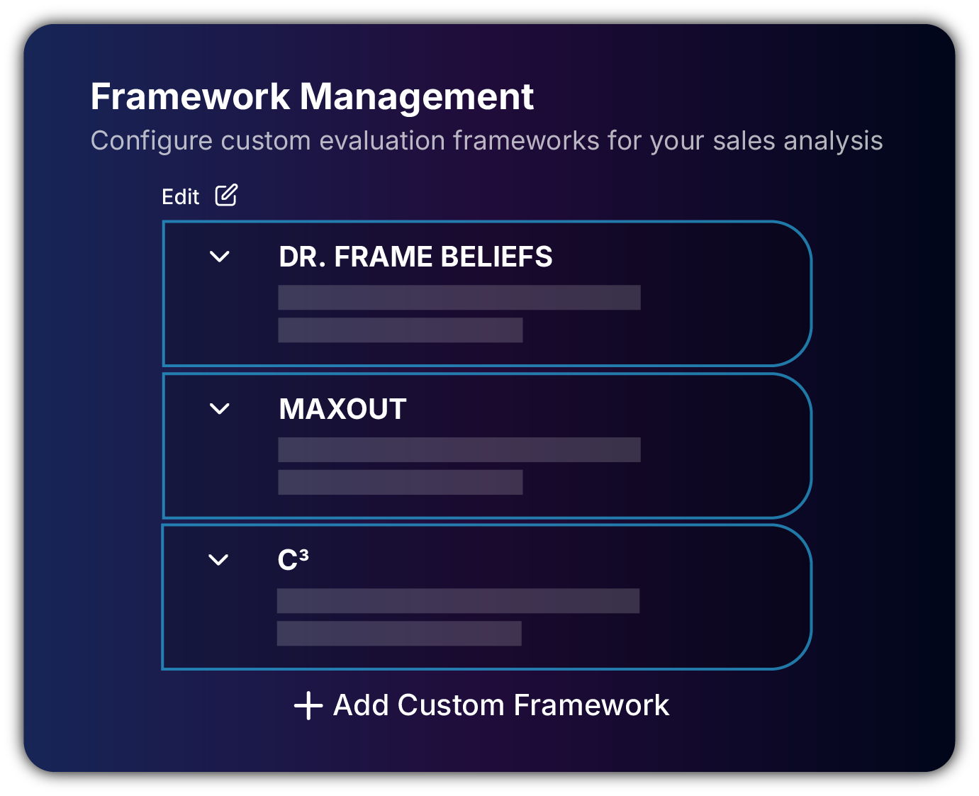 MaxOut AI Framework Management interface showing methodology configuration