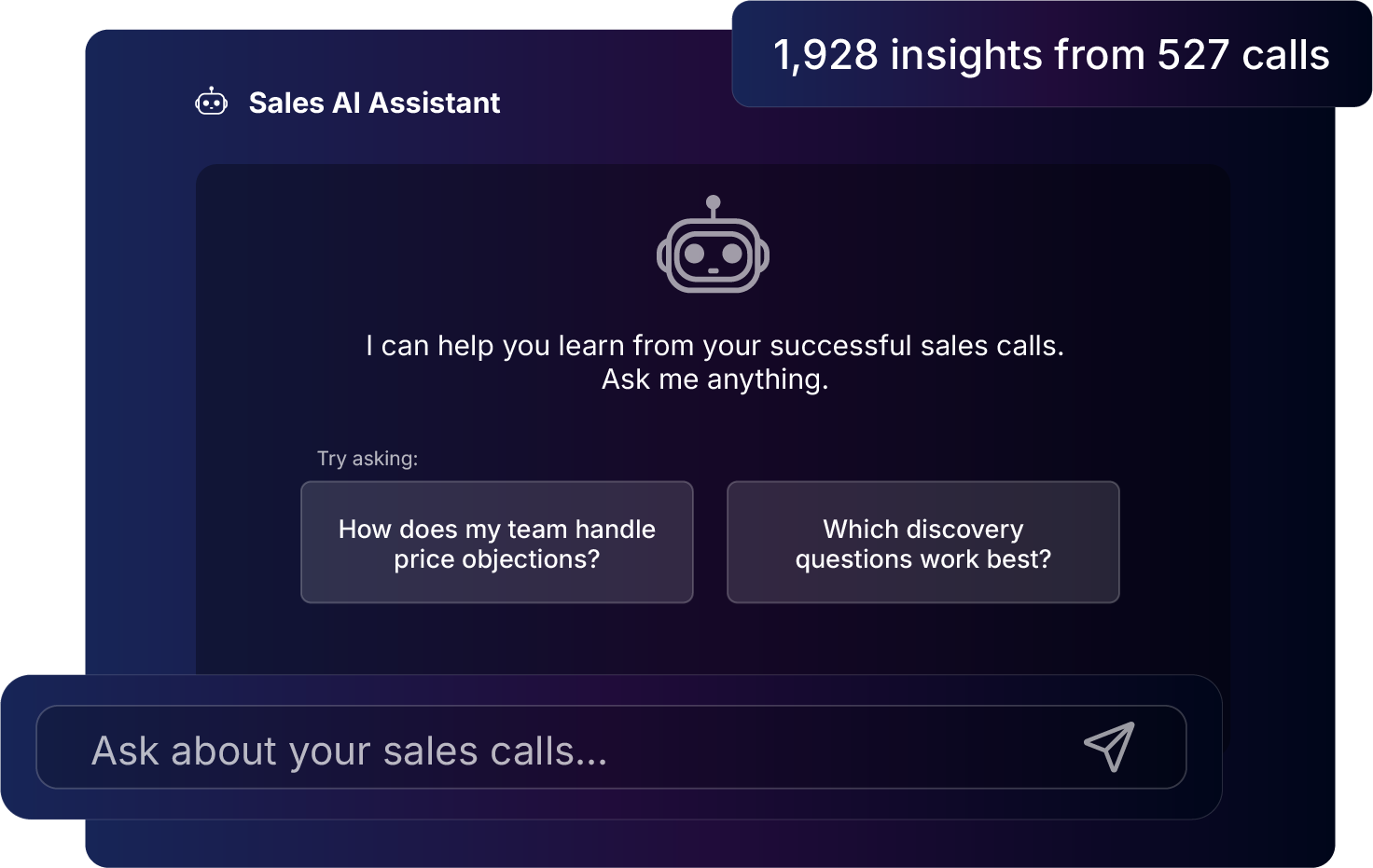 Sales AI Assistant interface showing natural language questions and AI-powered answers