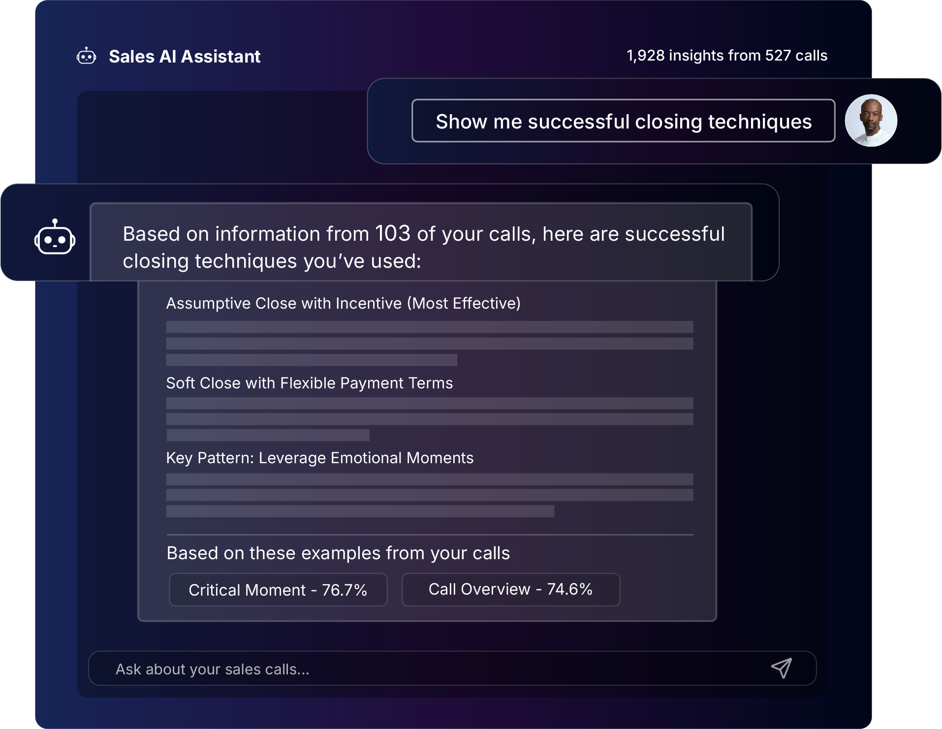 Sales AI Assistant response showing successful closing techniques with patterns like Assumptive Close with Incentive and Soft Close with Flexible Payment Terms